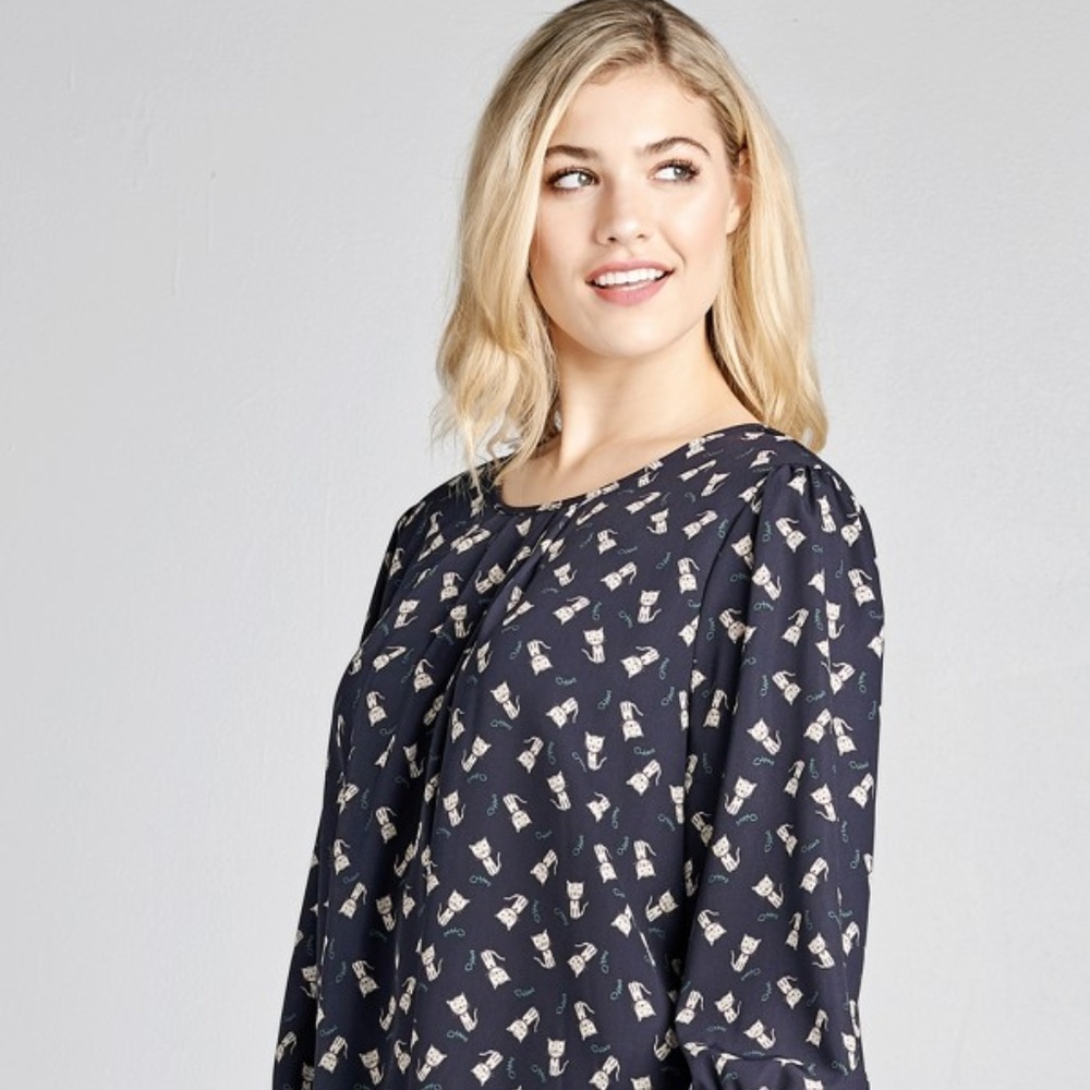 PLUS kitty cat navy blue print blouse • plus sizes 1X, 2X, 3X {Oddi}